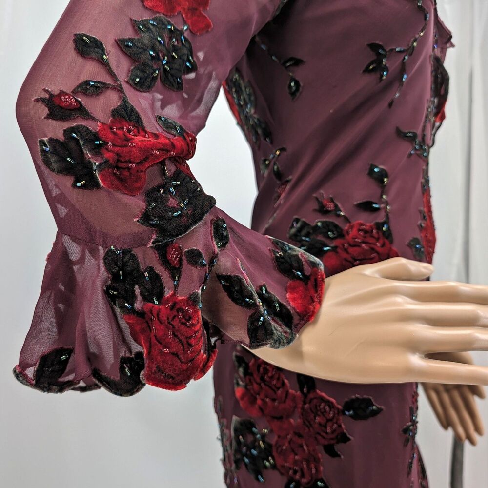 Vintage 1990s y2k Sue Wong Midi Dress Whimsygoth Floral Beaded Silk Fairy Size 2 - Picture 6 of 14